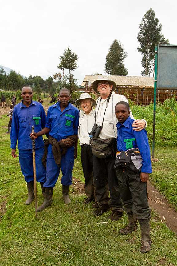 Nancy and Bruce with their porters on hike to see mountain gorillas
