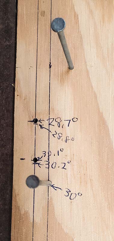 close-up of edge markings on small-angle jig